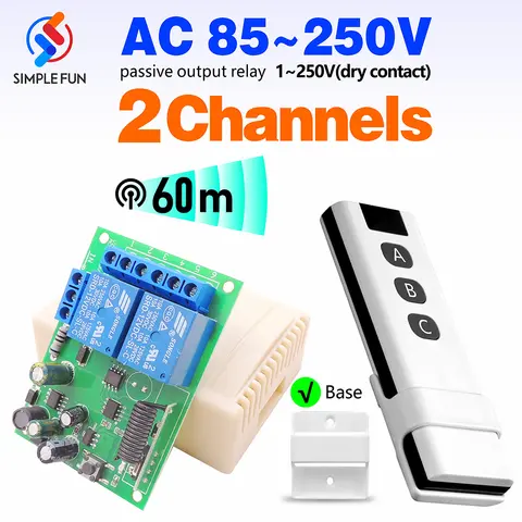 433MHz 범용 무선 원격 제어 스위치 110V 220V 2CH 릴레이 모듈 및 조명/차고 게이트/크레인/DIY 용 60m 송신기
