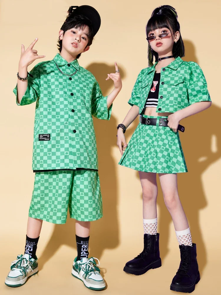 Kids Green Plaid Loose Suit Girls Streetwear Boys Ballroom Hip Hop Dance Rave Clothes Children Jazz Dance Costumes