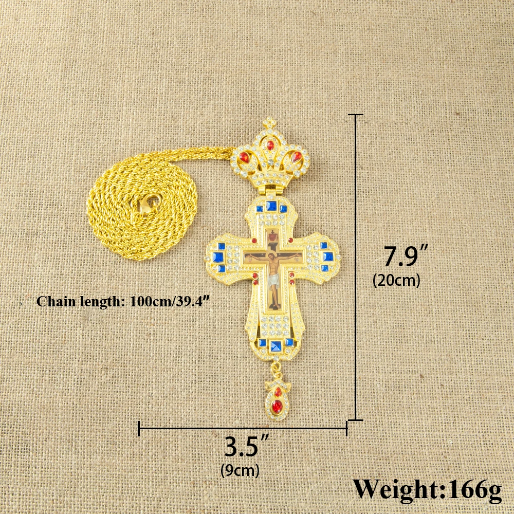 Gold And Silver Pectoral Cross Pendant With Sparkling Clear And Blue Crystals Crown Ornament Crucifix Icon Necklace Elegant Hand