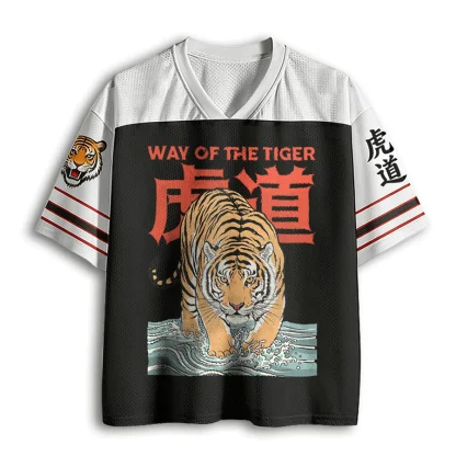 Neck Mesh Jersey Short Sleeve Retro Tiger Graphic Streetwear Top