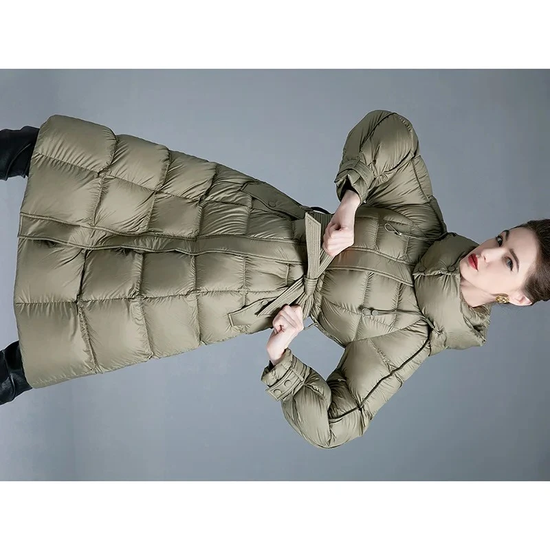 

Роскошный высококачественный пуховик из 90% утиного пуха, новый зимний женский длинный элегантный пуховик с поясом, приталенный, с капюшоном, белый