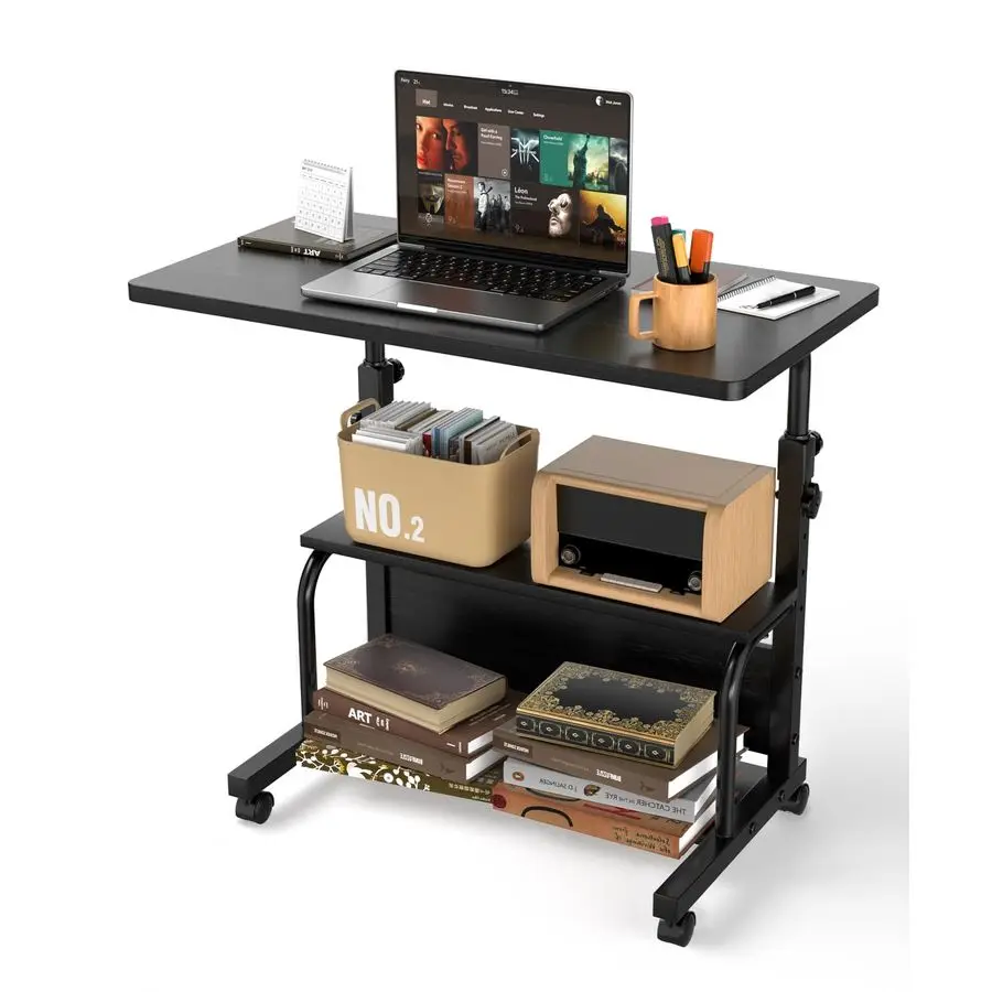 

Rolling Desk on Wheels Adjustable Height Desks for Small Spaces, 32 Computer Desk with Storage Shelves for Home Office Black