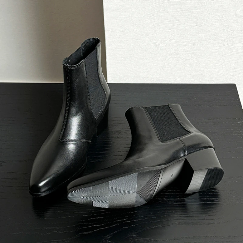 Men Black Pointed Toe Elastic Side Ankle Boots Block Heel Leather Dress Boots