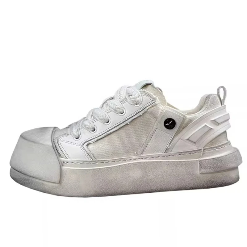

American Casual Retro Distressed Dirty Shoes for Men's Leather Patchwork Canvas Shoes Upturned Toe Height Increasing Board Shoes