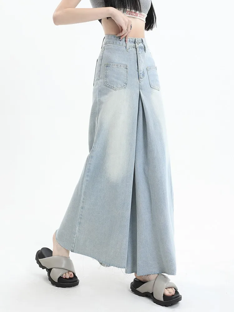 GUUZYUVIZ High Waist Loose A-line Wide Leg Women Jeans Summer Casual Denim Skirt Pants