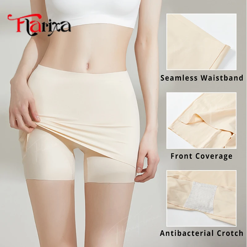 Flarixa Ice Silk Safety Shorts für Damen, hohe Taille, unsichtbar, gegen Reibung, doppellagig, vorne im Schritt, unsichtbar unter dem Rock