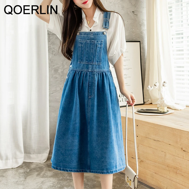 QOERLIN XXXXXL Denim Sundress Women Summer New Pocket Sleeveless A-Line Tank Dresses Midi Korean Fashion Jeans Dress Big Size