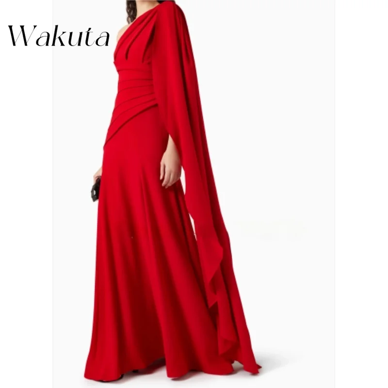 Wakuta Vintage Elegant One Shoulder Satin Dress Classic Ruffles Saudi Arabia Prom Robe Fashion Shawl Floor Length Evening Gowns