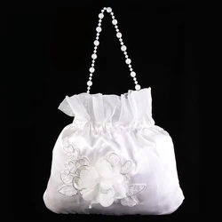 2016 New White Satin Pearl Bridal Bridesmaid Wedding Flower Girl Dolly Bag Prom Pouch Handbag