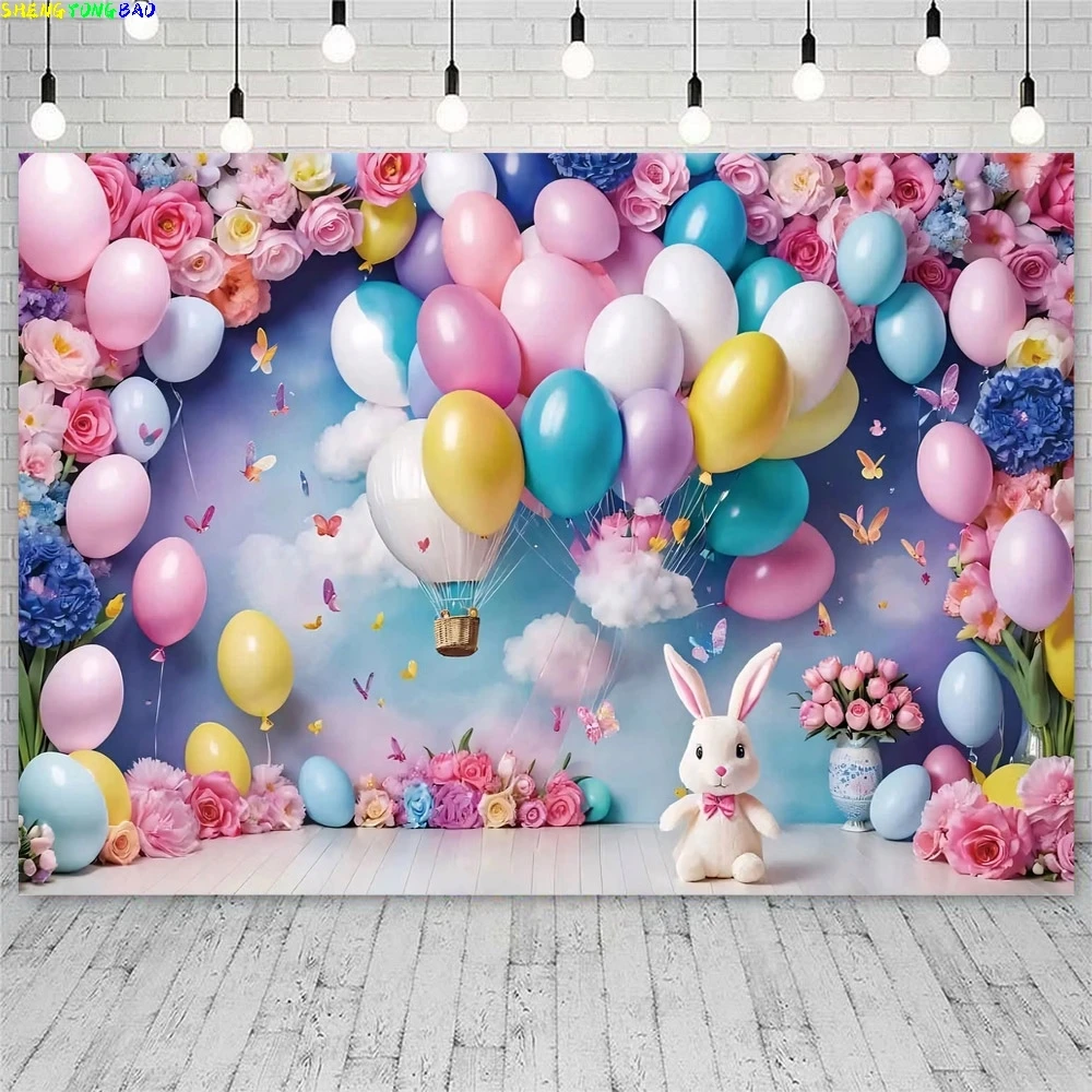 Hase Kaninchen Baby Dusche Kommunion Hintergrund Geburtstag Taufe Kinder Fotografie Hintergrund Zeichen Heißer Ballon Party Prop