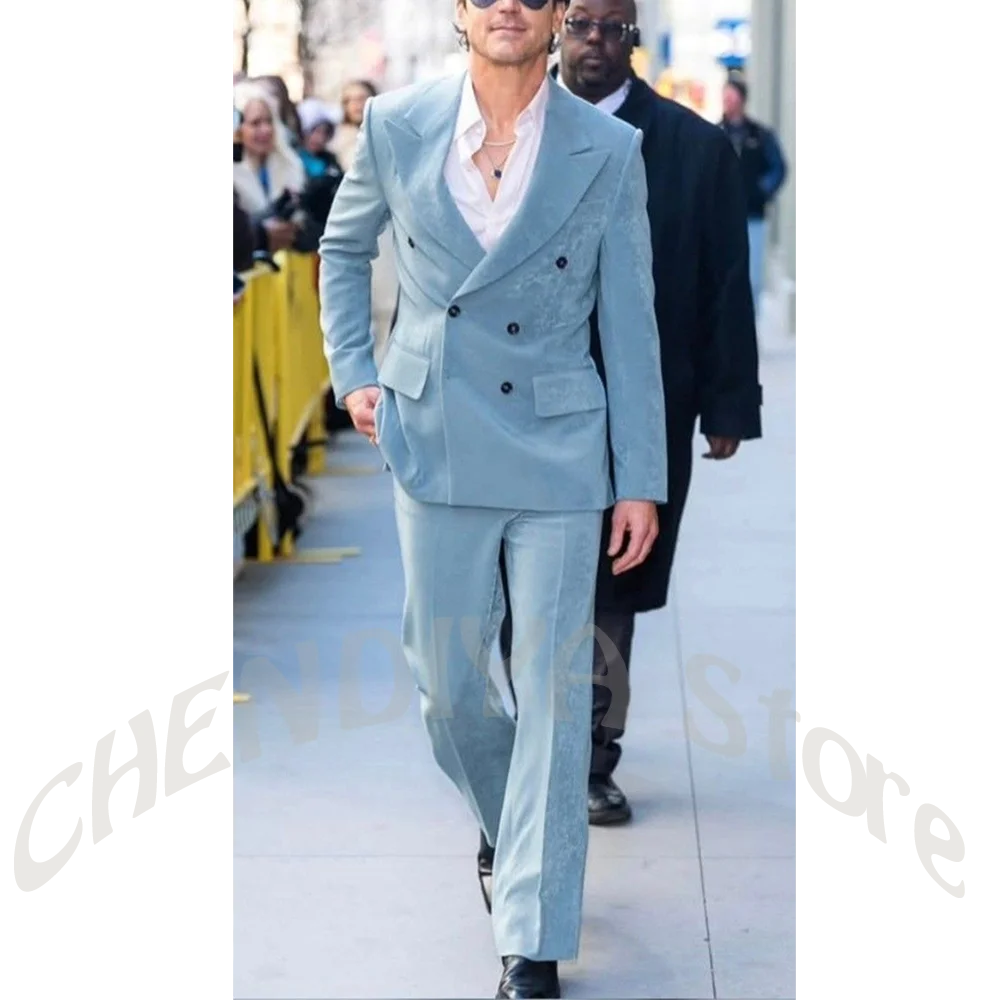 

Light Blue Velvet Men's Suit Double Breasted Wide Peak Lapel Blazer Pants Formal Business Wedding Prom Party Groom Tuxedo Attire