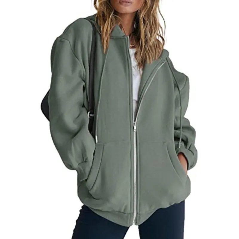 Women's Gray Zip Up Daily Sweatshirt Autumn Trendy Jacket Clothes Hoodies Winter Pocket Long Sleeve Versatile Solid Hoodies Lady