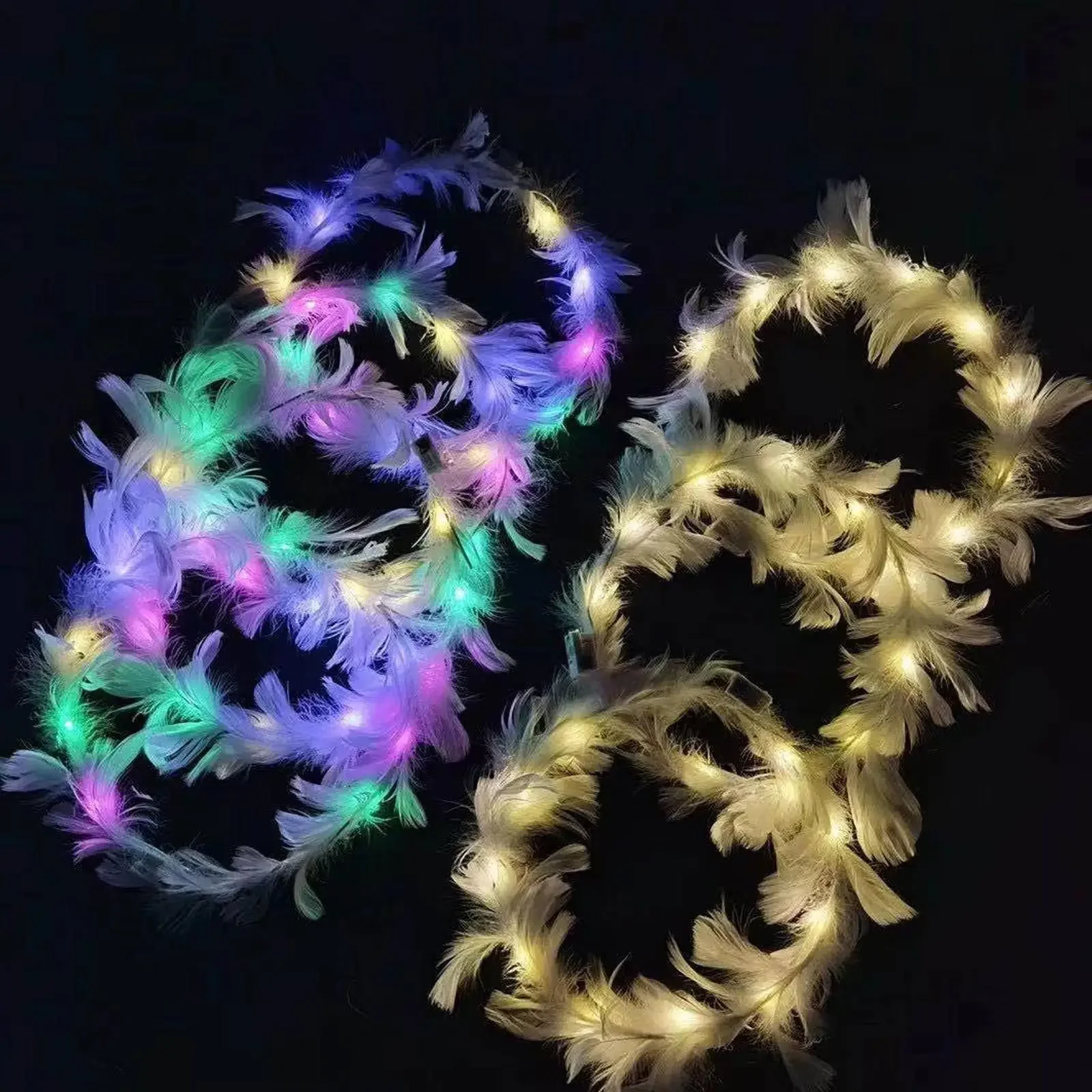 LED Feather Wreath Crown Headband Light-Up Angel Halo Headband Luminous Headdress for Women Girls Wedding Christmas Party Gift