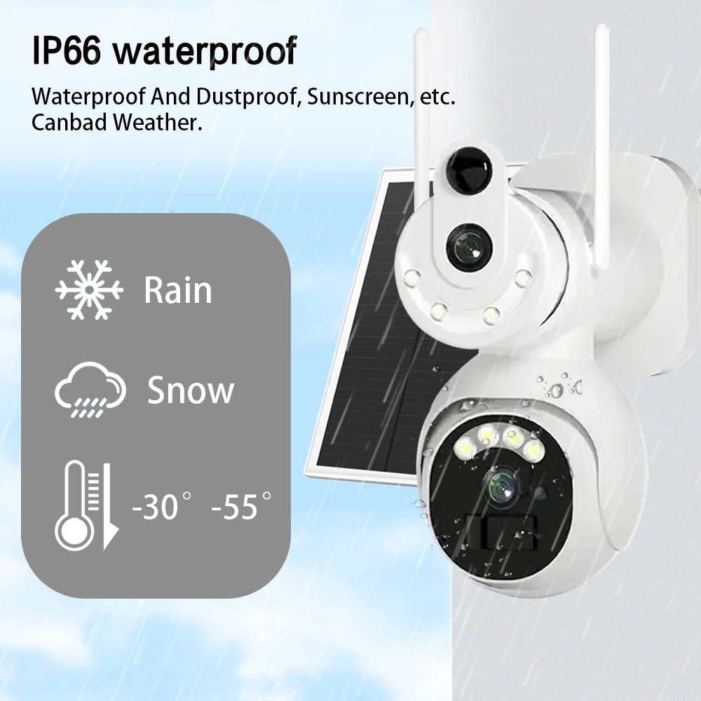8M HD الشمسية واي فاي كاميرا في الهواء الطلق المدمج في بطارية عدسة مزدوجة 8MP الأمن كاميرا متحركة لوحة طاقة شمسية مراقبة الفيديو اللاسلكية CCTV