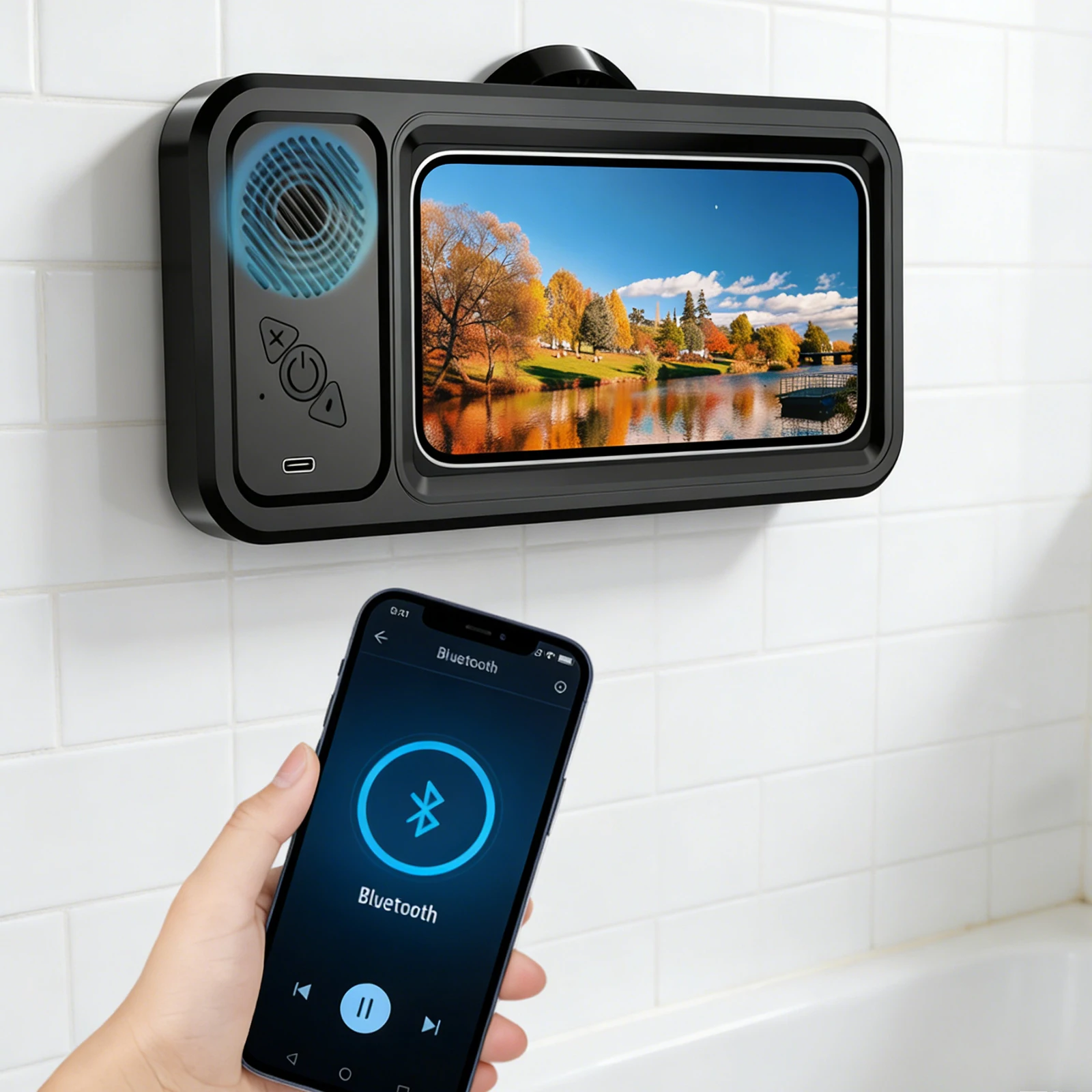 Wall Mounted Phone Holder 480° Rotation Touch Screen IPX5 Waterproof Bluetooth Speaker Shower Storage Case Mobile Phone Stand
