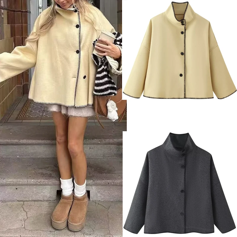 

Autumn High Neck Long Sleeve Single Breasted Loose Embroidered With Borders Coat Women Simple Style Warm Tops Female Casual Wear