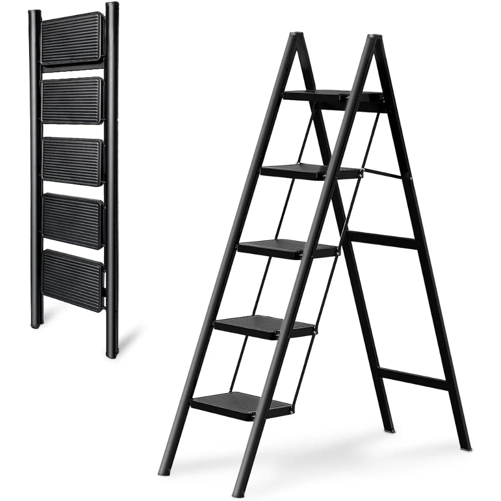 Escalera plegable de 5 escalones - OOSOFITT Escalera resistente de capacidad de 330 lb para uso doméstico e en interiores, ideal para cocina y armario A