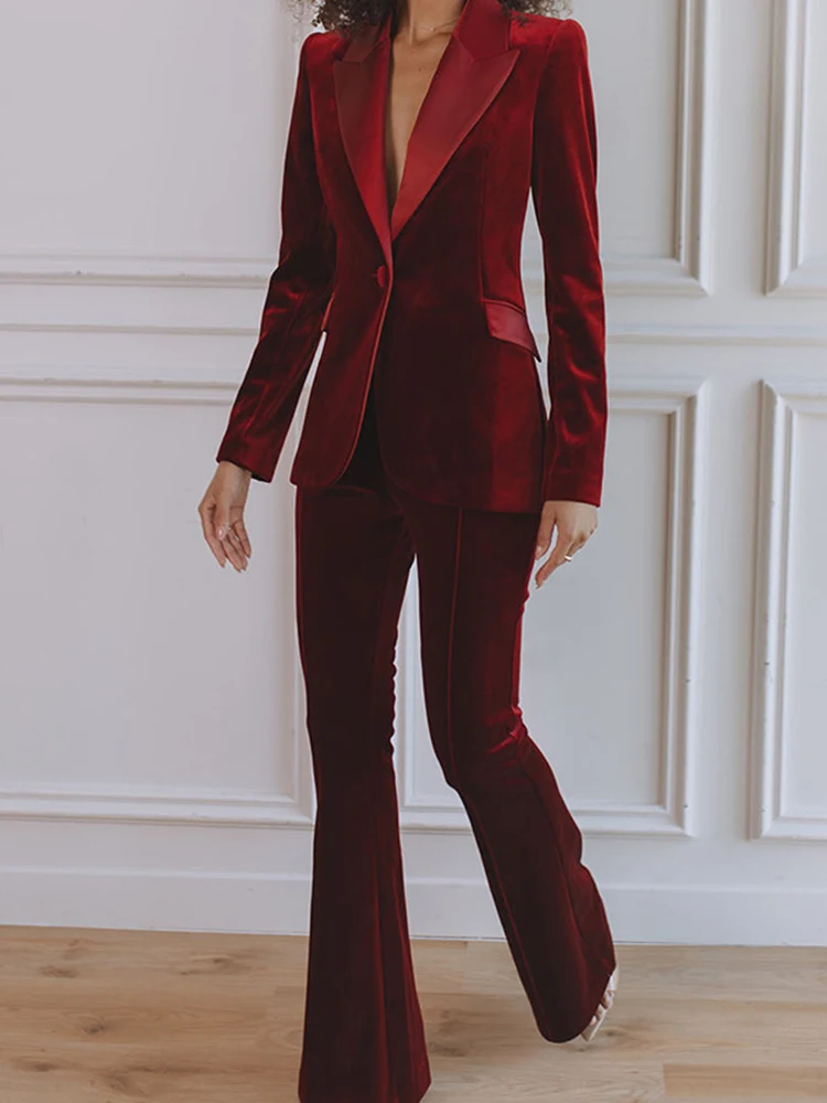 Elegant Commute Women's Solid Color Outfits Autumn Winter New Slim Two Piece Fashion Lapel Velvet Long Sleeve Blazer&Pants Sets