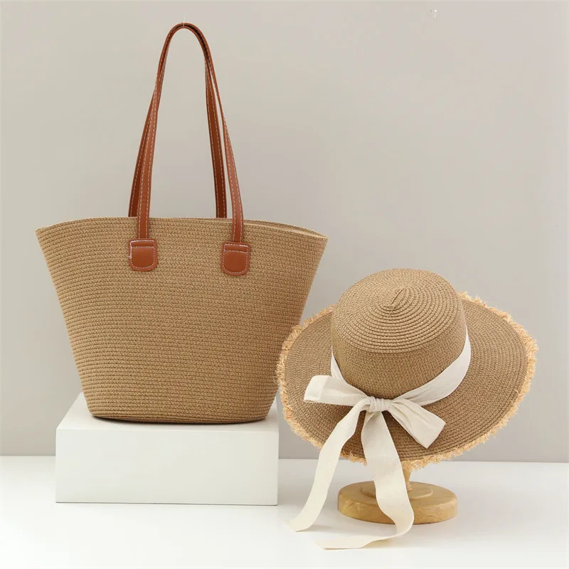 Two-piece Set of Straw Hat and Bag Women's Large Capacity Shoulder Bag Summer StrawWoven Basket Handbag Luxury DesignerBeach Bag