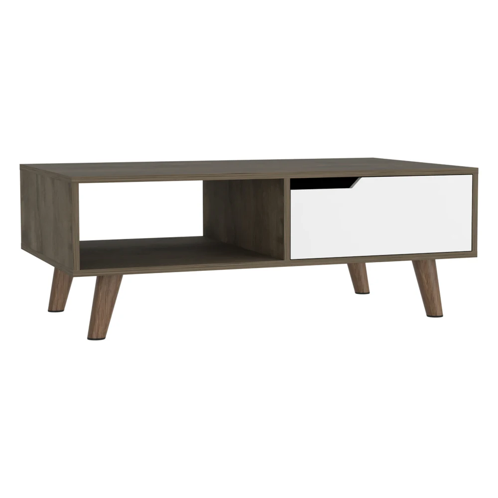 Coffee Table One Open Shelf One Drawer Dark Brown/White