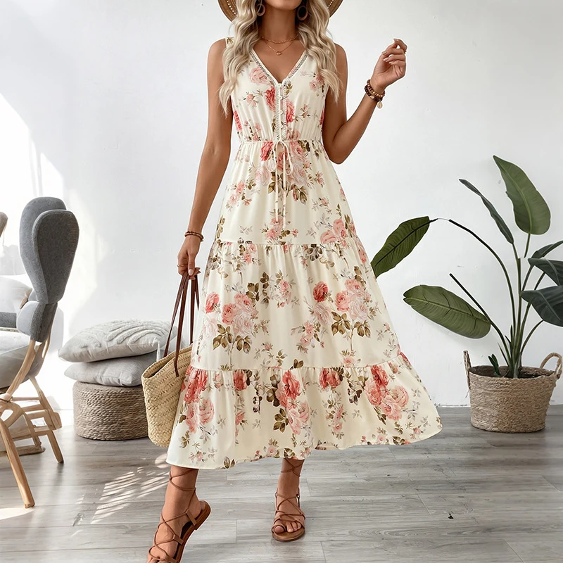 Damen Blumenmuster Ärmelloses Midikleid V-Ausschnitt Spitzenbesatz Kordelzug Taille Mehrlagige Rüschen Fließendes Sommer-Strandkleid