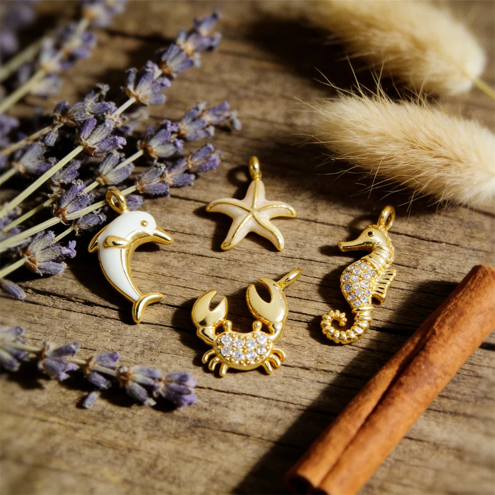 

4Pcs Pendant Ocean Animal Dolphin Starfish Crab Seahorse Brass Zircon Enamel Charm DIY Jewelry for Bracelet Necklace Accessories