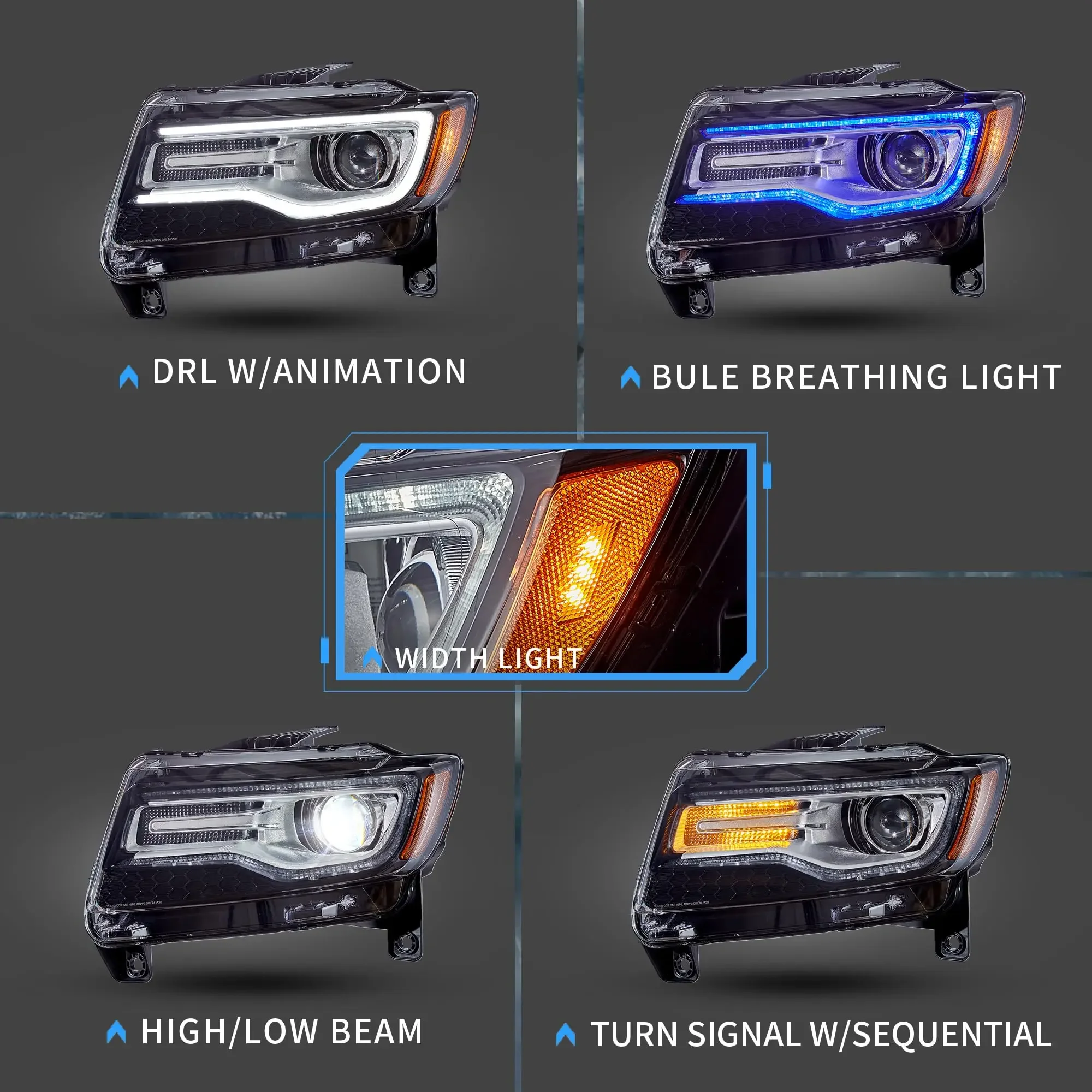 Blue Dynamic Animation LED Headlight For Jeep Grand Cherokee 2011-2013 Fit for WK2 Projector Lamp w/ Sequential Signal