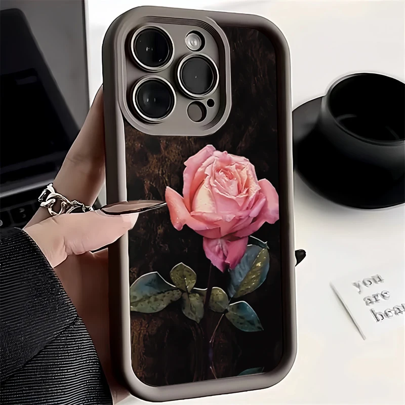 For iPhone 16 15 Pro Max 14 13 12 11 XS XR Aesthetic Rose Floral Pattern Covers For iPhone 7 8 Plus SE 2022 Shockproof Soft Case