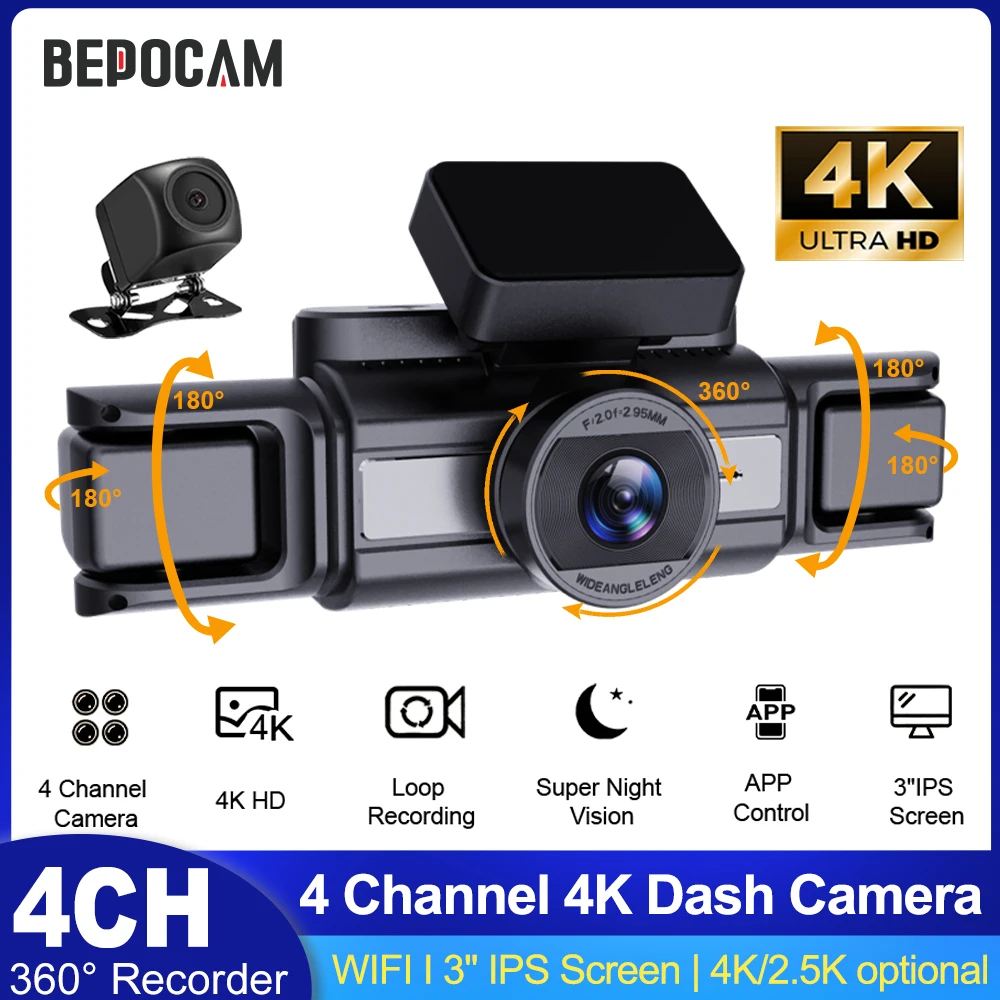 BEPOCAM 4CH 4K Dash Camera for Cars 360° Dashcam 3'' WiFi Front Left Right Rear Car DVR Night Vision Loop Recording Hardwire Kit
