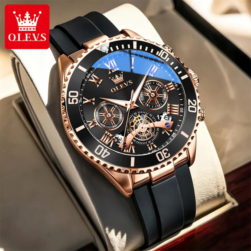OLEVS Brand Luxury Men Watch Rotating Bezel Chronograph Roman Numerals Waterproof Silicone Band Sports Quartz Male Wrist Watch