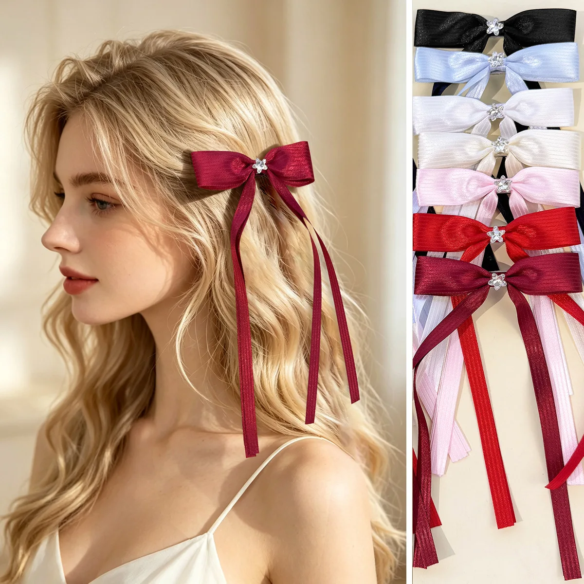 36pc Satin Ribbon Bow Hair Clips for Women Girls Kids with Long Tassel Tail Rhinestone Star Hairgrips Fashionable Hairpins Bulk