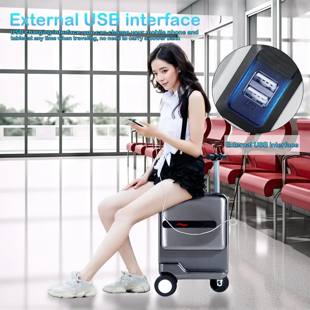 حقيبة أمتعة ذكية بمحرك مقاس 21 بوصة قابلة للركوب مع جهاز تحكم عن بعد وحقيبة أمتعة كهربائية للسفر