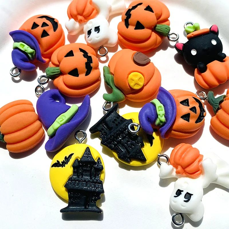 10pcs Hallowmas Pumpkin Resin Charms Lots Cartoon Magic Hat Ghost Pendants For Earring Necklace Diy Jewelry Make