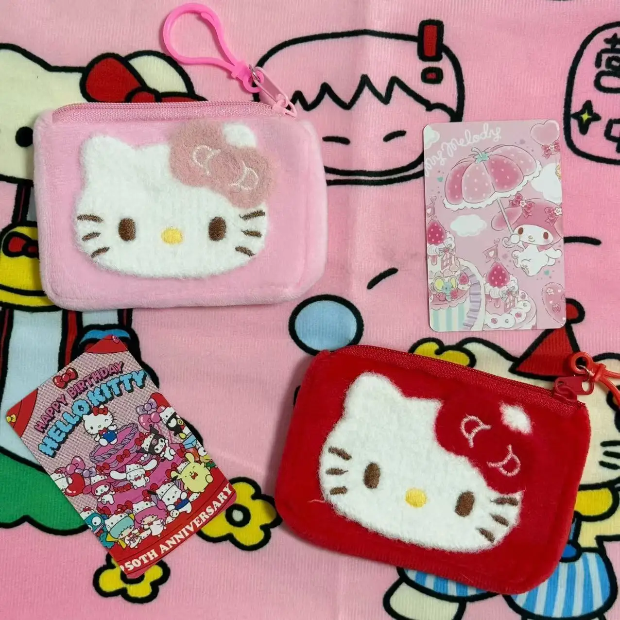 Hello Kitty Coin Pouch Cute Cartoon Plush Keychain Purse Ccd Headset Keyring Portable Black Mini Storage Bag Girls Gifts