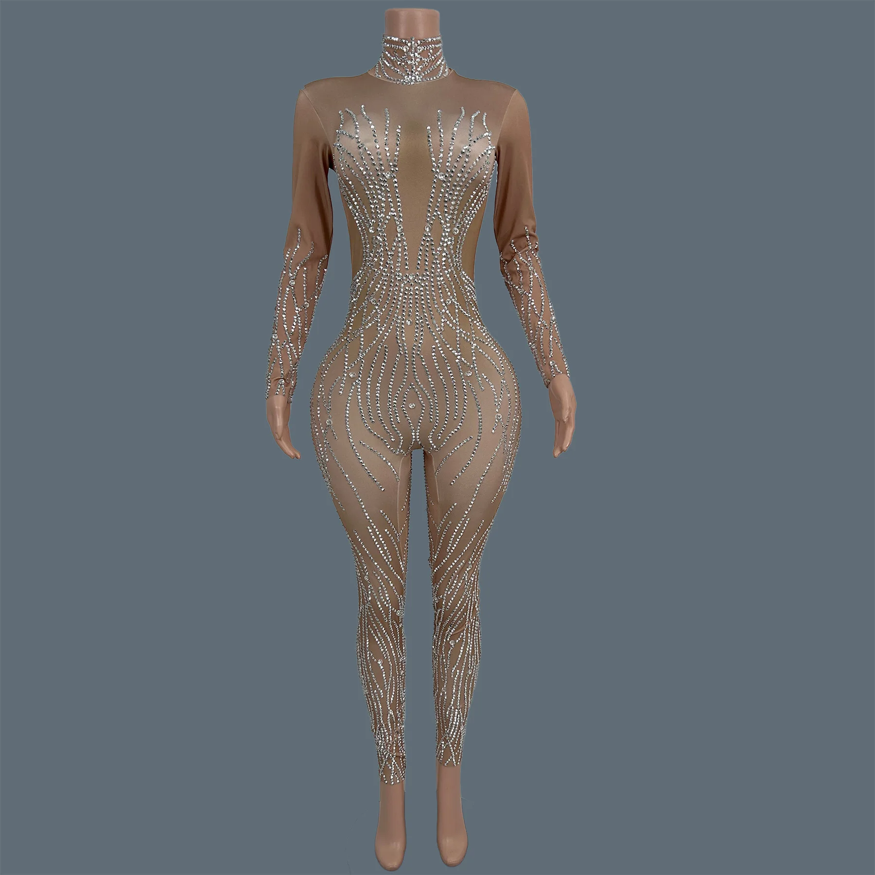 Sexy Women Curve Spandex Tight Fitting Jumpsuit Sparkly Silver Rhinestone Party Carnival Drag Queen Performance Outfit Kuangyin
