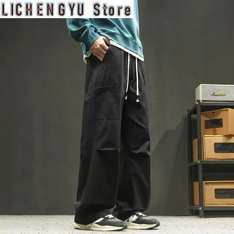Men's Cotton Cargo Workwear Pants - Oversized Streetwear Joggers Drop-Crotch Straight Leg Trousers with Drawstring Waist