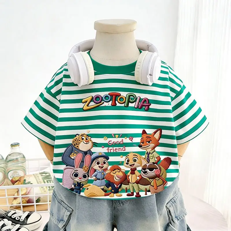 

Boys and Girls Animal City 100% Cotton T-shirt Summer 2026 Baby Foreign Style Top Striped Short-sleeved Crew Neck Clothes T