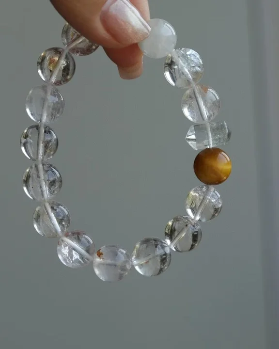 

Neo-Chinese Style 12mm Natural White Crystal&Tiger's Eye Stone Bracelet Healing String Strand Hand Jewelry For Women Gift Bijoux