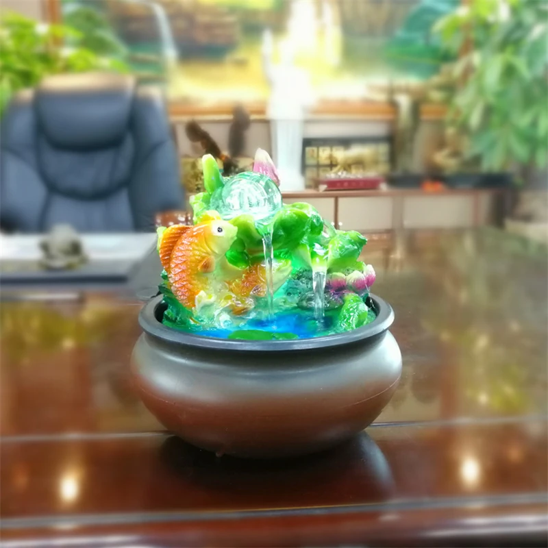 110/220V Resin Rockery Waterscape Lucky Feng Shui Led Water Fountain Home Office Desktop Spray Humid Decoration