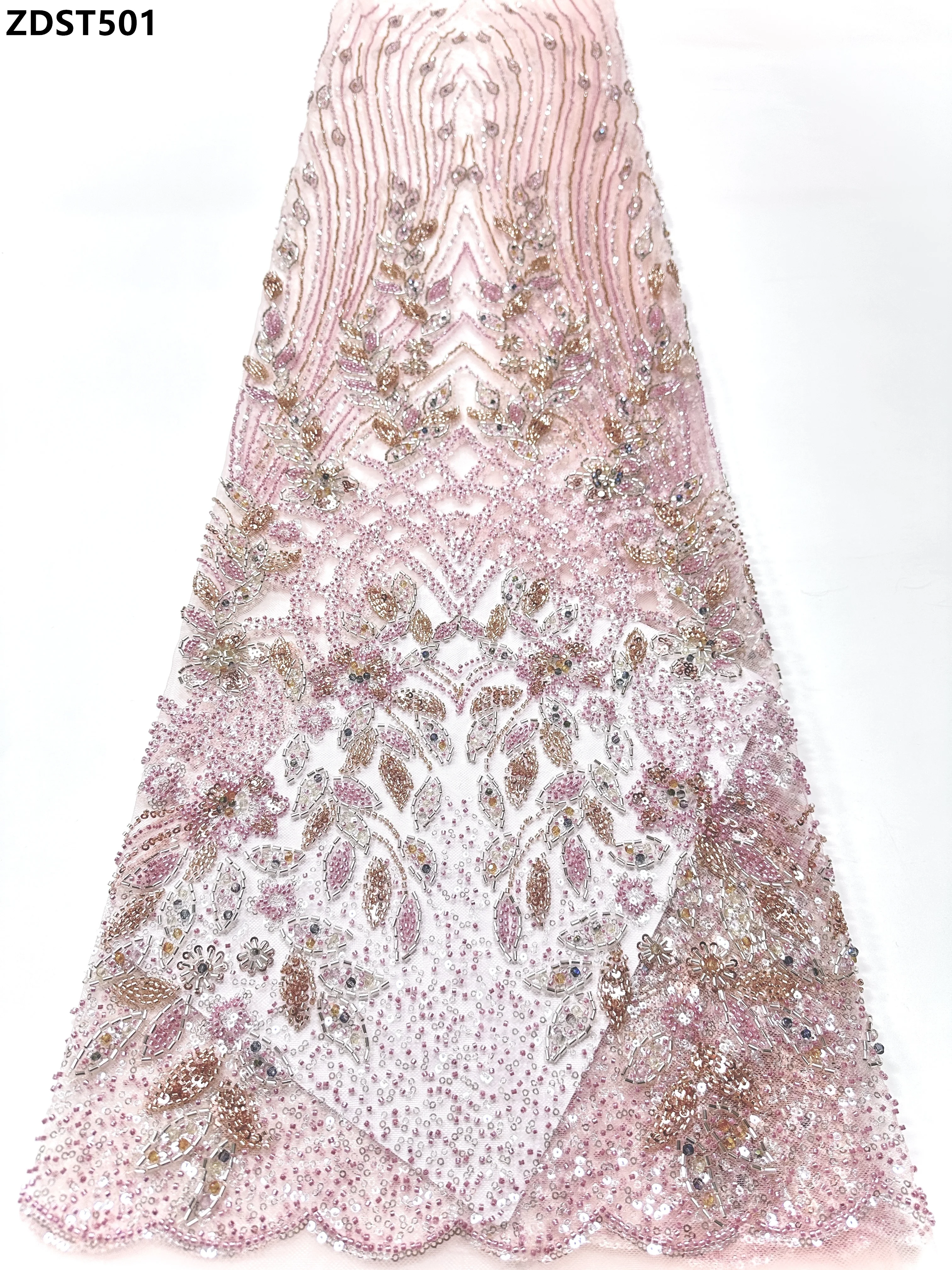 Luxury Pink European Style Bridal Fabric with Beads Mesh Tulle Sequin Beads Lace Fabric for Wedding Gown Elegant French Lace