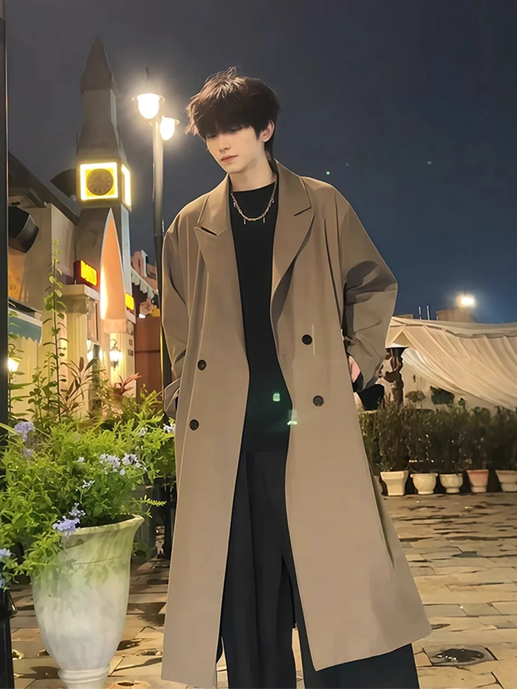 

Korean Sle Double Row Button Men's Coat Autumn Briti Sle Cool over Knee mid Long Coat Youth ular Loose Fit No Ironin...