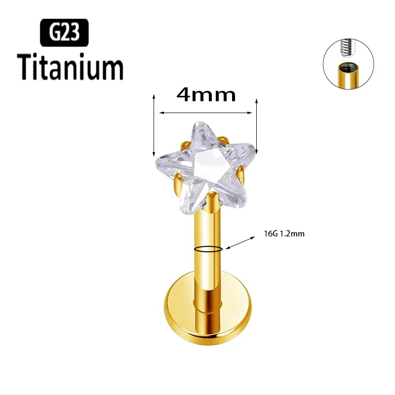 G23 Titan 16G 18G Stern CZ Innengewinde Flache Rückseite Labret Ohrknorpel Tragus Helix Nasenstecker Körperpiercing Lippenringe