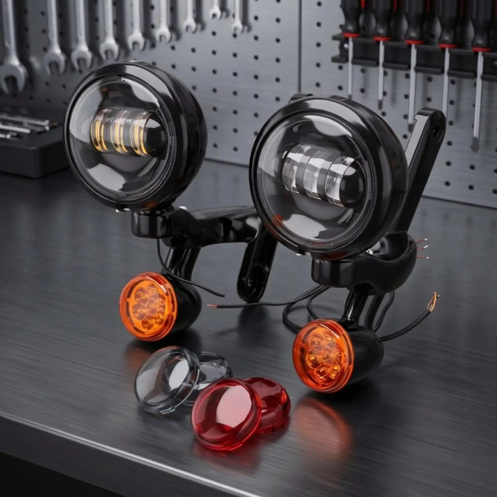 Motorcycle Light Bracket with Lens Covers Aluminum Alloy Fog Light Bracket with Turn Indicators LED for Motorcycle Owners, Night