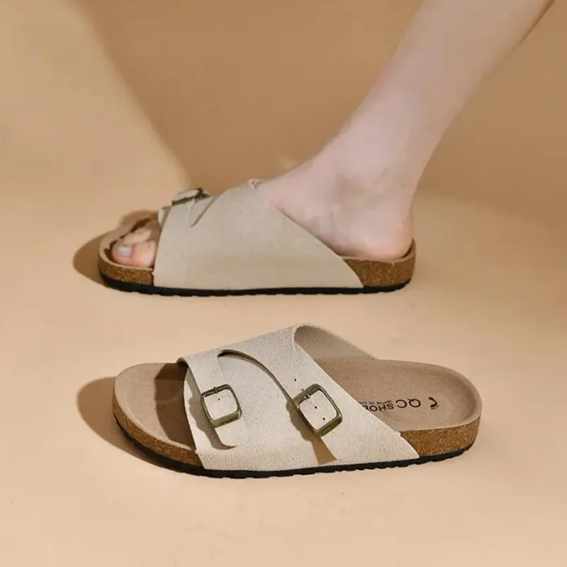 Sandalias romanas con hebilla para Mujer, zapatillas planas de Punta abierta para exteriores, chanclas cómodas para playa, Verano