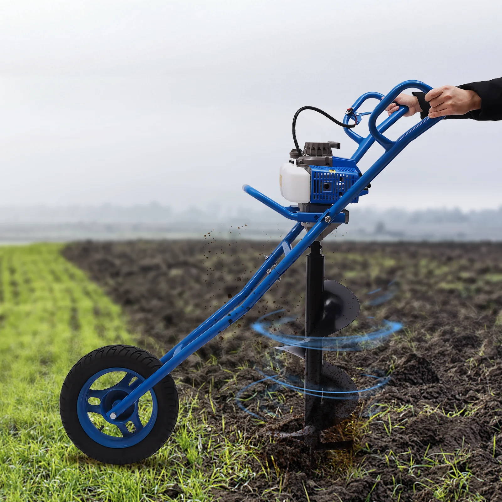 63CC 3HP Post Hole Digger Gas Powered Earth Auger Borer Ground Drill Wheelbarrow Blue