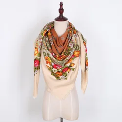 Bufanda cuadrada de estilo ruso para mujer, pañuelo de lujo con estampado Floral, chal de Babushka, chales ucranianos con flecos, 130x130cm