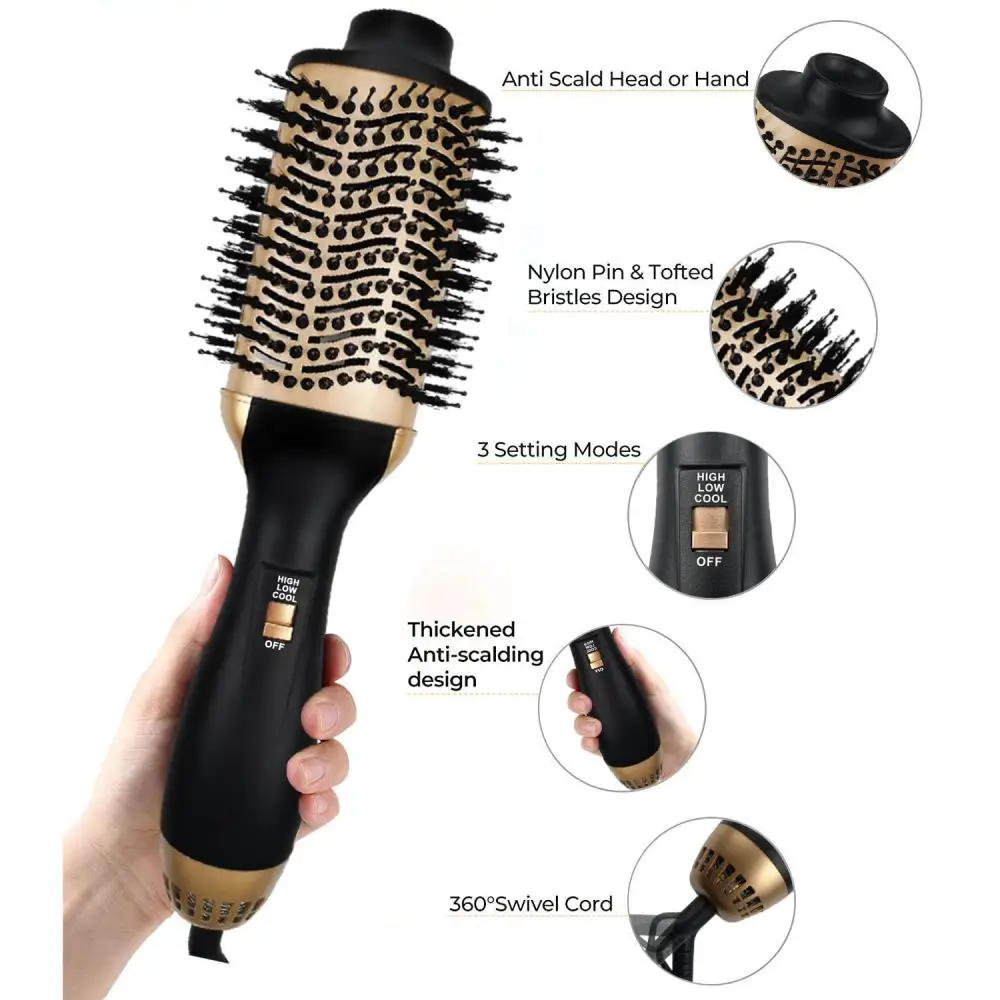 2 In 1 Hot Air Comb 1000W One-Step Hot Air Brush & Volumizer Hair Dryer Hair Styler New Black Golden Hair Straight Curler Brush