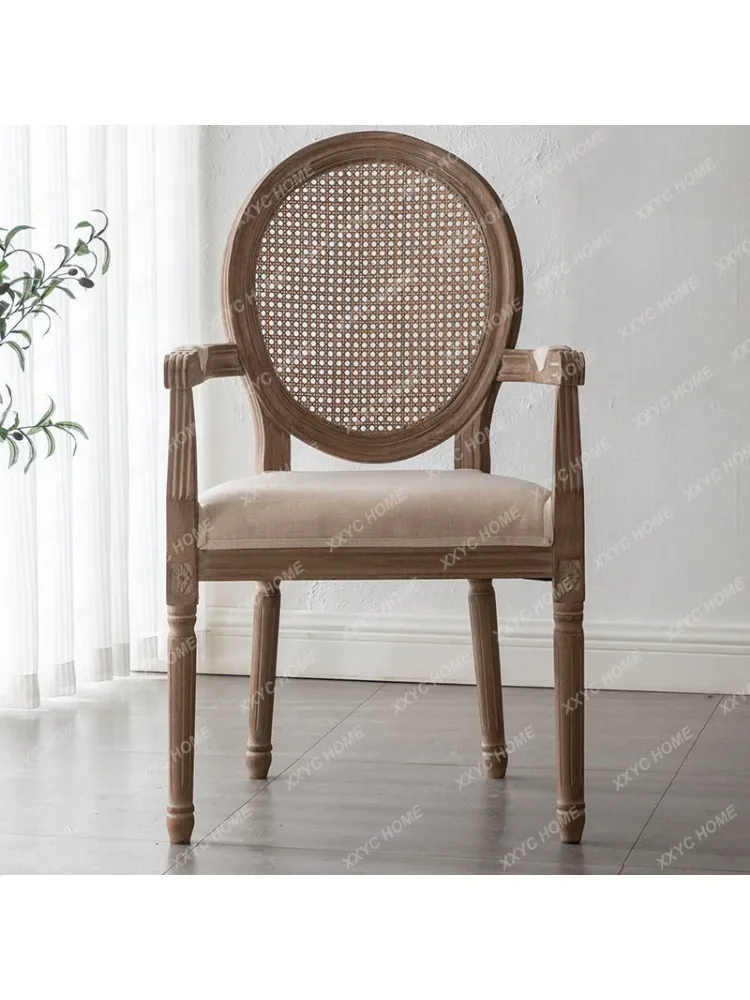 Vintage rattan dining chair Solid wood French chair back Cafe Bar Homestay American country leisure armchair