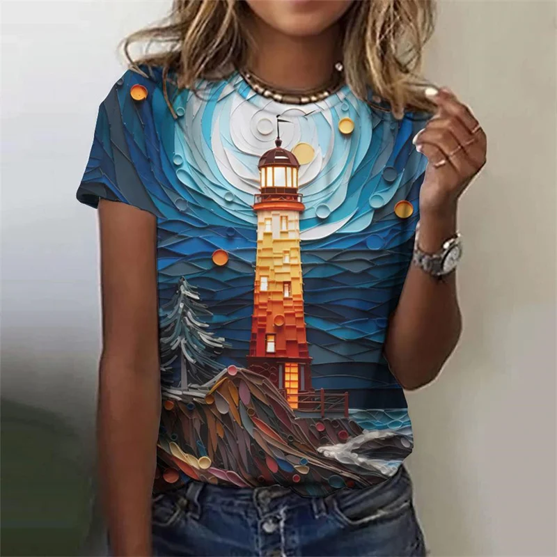 

3D Printed Ocean Lighthouse T-Shirt For Women Night Scene Graphic Tees Summer Casual Harajuku T Shirts Short Sleeves O-Neck Tops