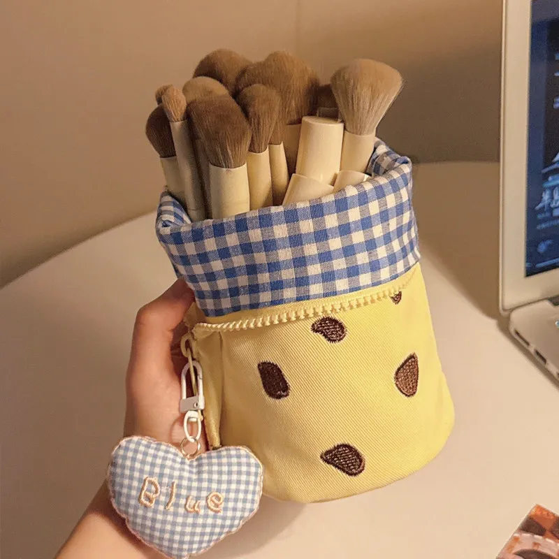 Cute Cow Print Vertical Cosmetic Bag Foldable Standing Makeup Brush Storage Pouch With Heart Pendant For Travel Daily Use